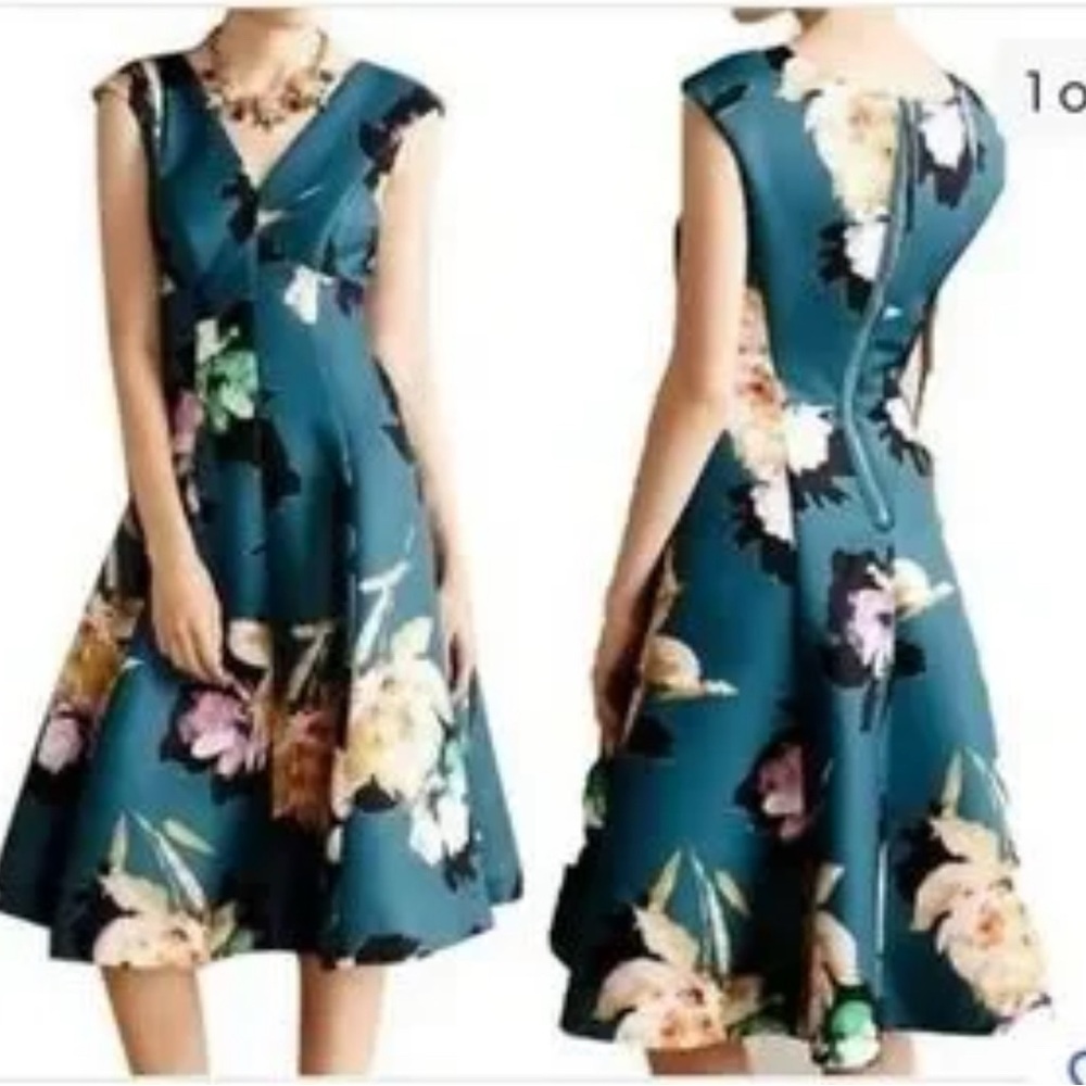 Moulinette Soeurs Teal Floral Fit-and-Flare Midi Dress